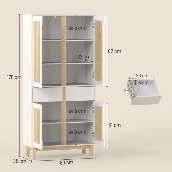HOMCOM Credenza da cucina alta con 4 ante, 2 cassetti e mensole regolabili, 80x35x170cm, Bianco e quercia | Aosom Italy