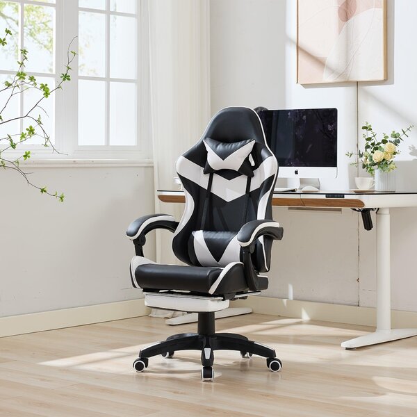 Sedia da gaming ergonomica, girevole a 360°, realizzata in vera pelle e dotata di poggiapiedi confortevole