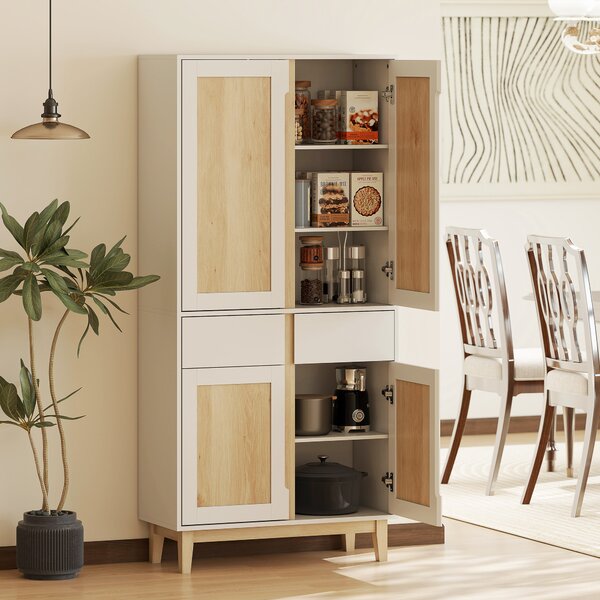 HOMCOM Credenza da cucina alta con 4 ante, 2 cassetti e mensole regolabili, 80x35x170cm, Bianco e quercia | Aosom Italy
