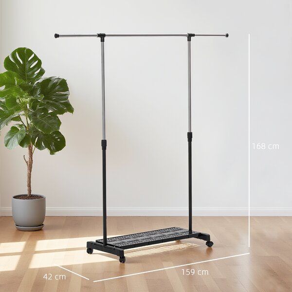 HOMCOM Stender Appendiabiti Estensibile con Ruote, Asta in Acciaio Inox e Ripiano per Scarpe 159x42x168 cm Nero e Argento | Aosom Italy