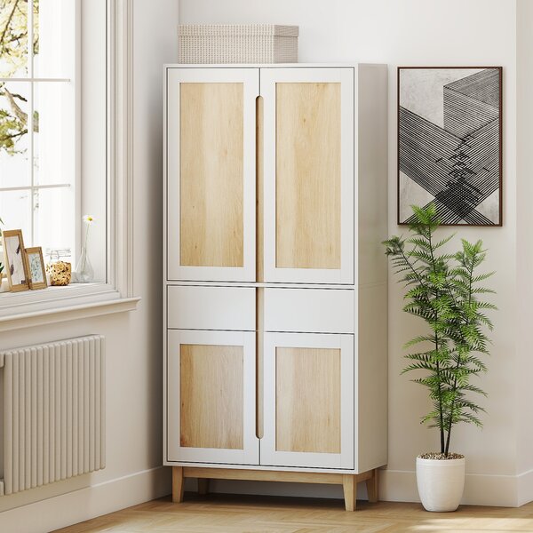 HOMCOM Credenza da cucina alta con 4 ante, 2 cassetti e mensole regolabili, 80x35x170cm, Bianco e quercia | Aosom Italy
