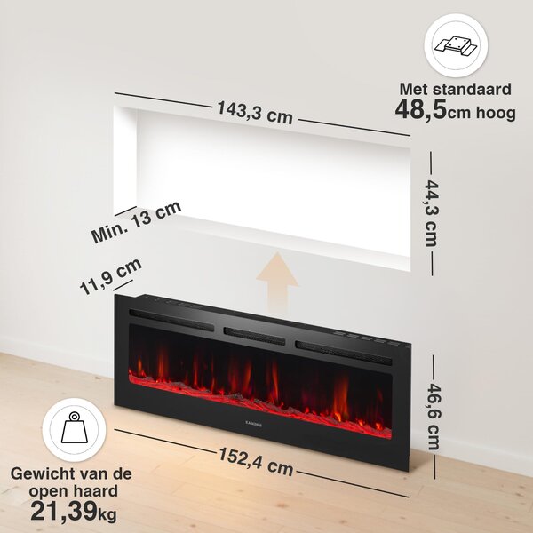 Camino elettrico da parete - 60 pollici - 1800 Watt - Effetto fiamma 3D - Nero