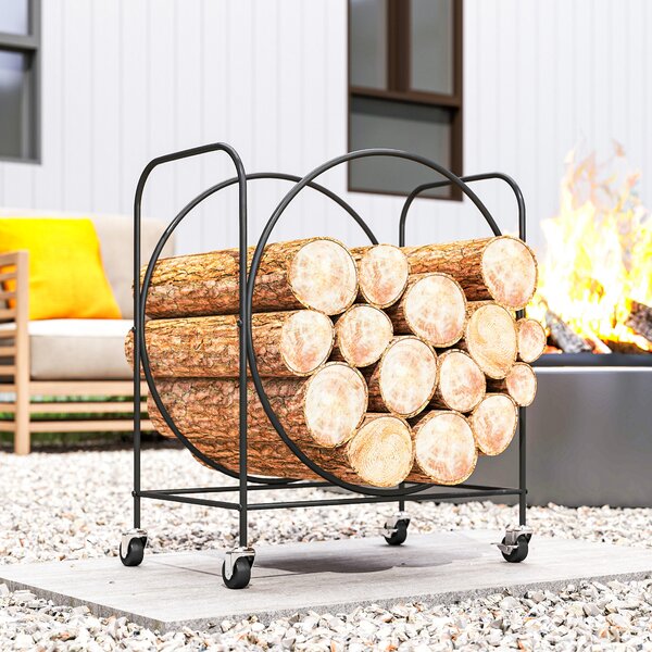 Outsunny Portalegna Metallico per Camino con Ruote, per Interno ed Esterno 51x30x60 cm Nero | Aosom Italy