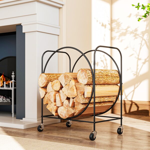 Outsunny Portalegna Metallico per Camino con Ruote, per Interno ed Esterno 51x30x60 cm Nero | Aosom Italy