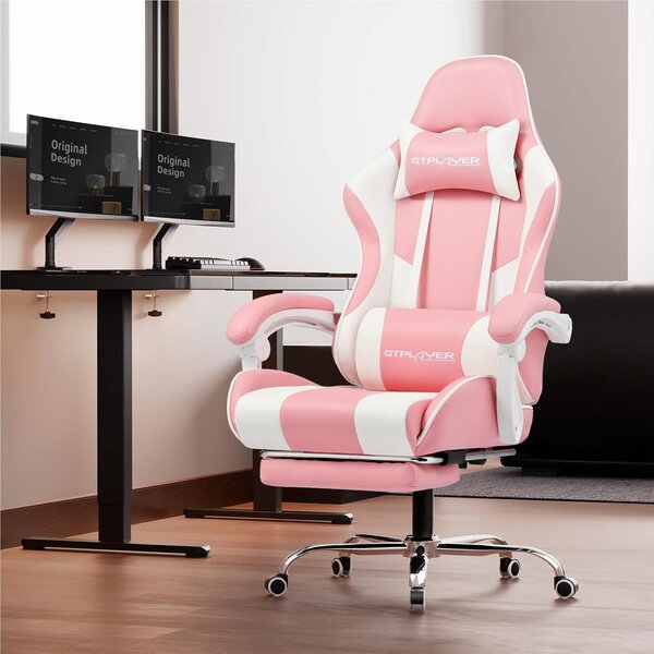 Sedia da gaming ergonomica con funzione massaggio, poggiapiedi e rivestimento in pelle rosa