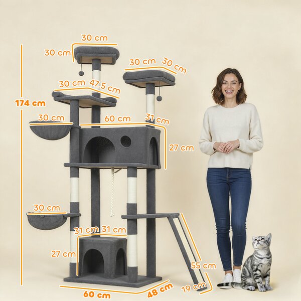 PawHut Albero tiragraffi con 3 letti, 2 piattaforme e 3 giocattoli sospesi, altezza 174 cm, Grigio | Aosom Italy