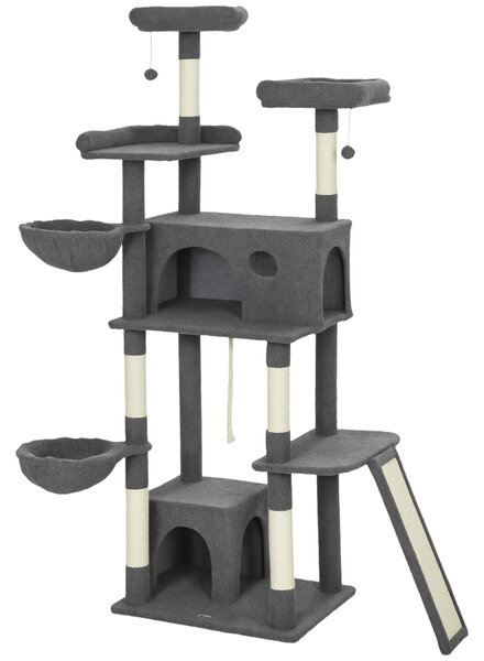 PawHut Albero tiragraffi con 3 letti, 2 piattaforme e 3 giocattoli sospesi, altezza 174 cm, Grigio | Aosom Italy
