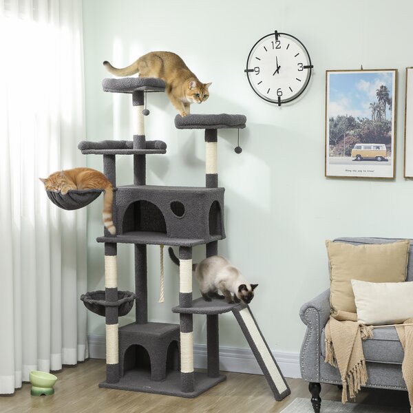 PawHut Albero tiragraffi con 3 letti, 2 piattaforme e 3 giocattoli sospesi, altezza 174 cm, Grigio | Aosom Italy