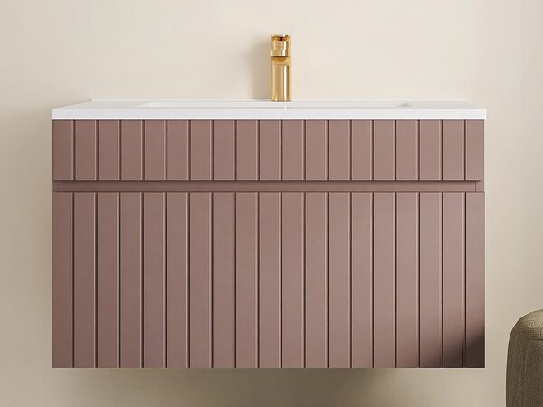 Mobile per bagno sospeso scanalato con lavabo da incasso 80 cm Rosa - SATARA
