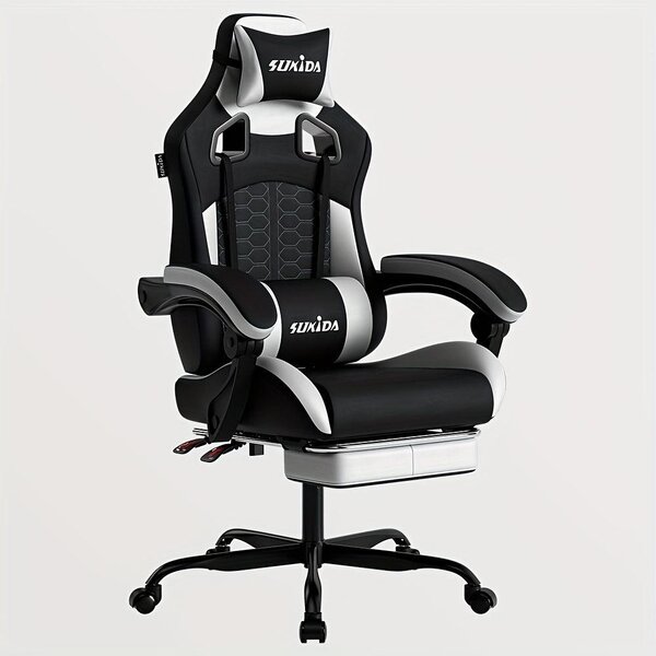 Sedia da gaming ergonomica con poggiapiedi regolabile, rivestita in ecopelle nera