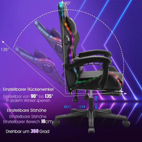 Sedia da gaming - Sedia da ufficio - Sedia girevole - Sedia ergonomica - Illuminazione RGB nera