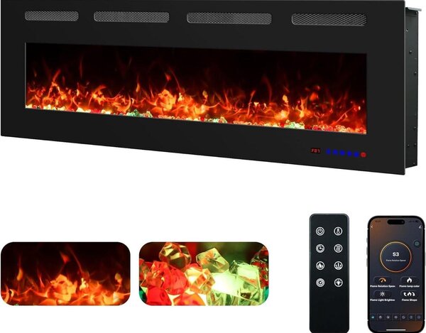 Camino elettrico da parete, 127 cm, 1500W, nero - Camino moderno con telecomando