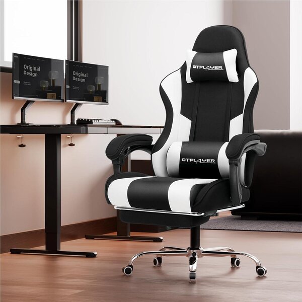 Sedia da gaming ergonomica con poggiapiedi, funzione massaggio e rivestimento in tessuto nero e bianco