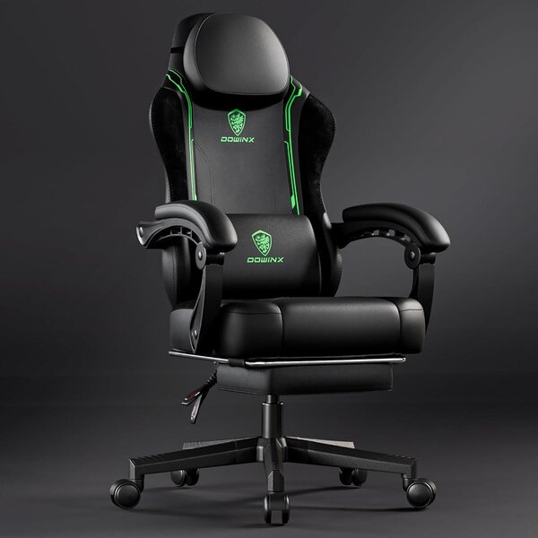 Sedia da gaming ergonomica con supporto lombare e poggiatesta extra largo, rivestita in ecopelle, colore verde