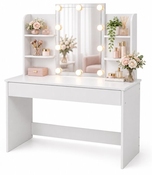 Tavolino da trucco Relaxdays con specchio stile Hollywood, illuminazione integrata, cassetto, dimensioni: 140 x 108 x 40 cm, tavolo da trucco, bianco