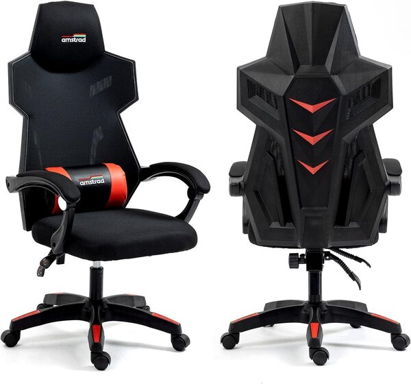 Sedia da ufficio, sedia da gaming, tessuto a rete, schienale reclinabile fino a 155 gradi, colore nero e rosso, capacità di carico 130 kg