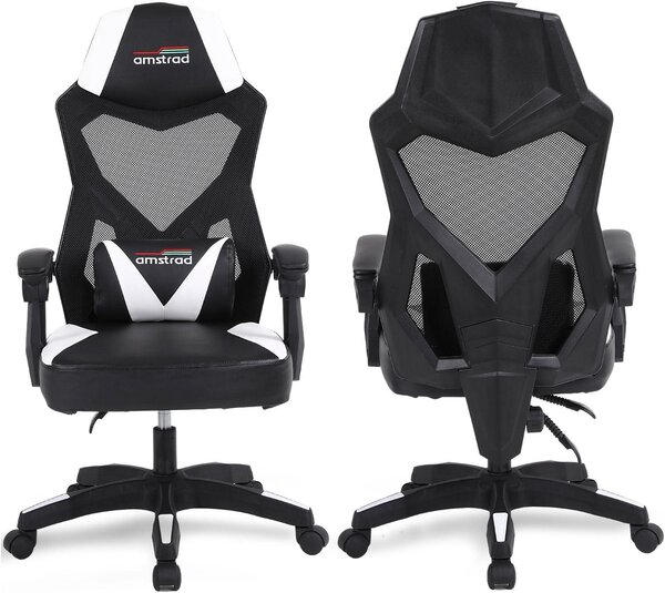 Sedia da gaming e da ufficio con schienale reclinabile a 135°, tessuto a rete traspirante, cuscino lombare, colore bianco e nero