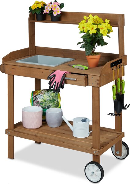 Tavolo da giardinaggio Relaxdays con rotelle, vaschetta e cassetto, in legno e plastica, dimensioni: 120 x 97 x 49 cm, tavolo da lavoro da giardino, marrone