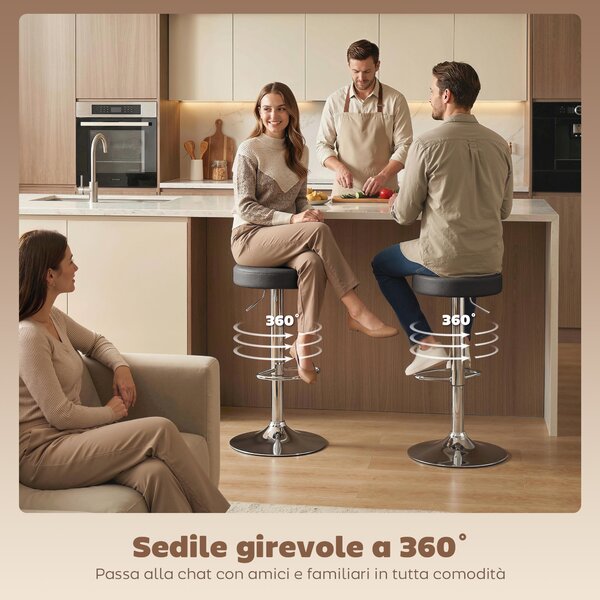 HOMCOM Set 2 Sgabelli da Bar Moderni e Regolabili, in Pelle PU, Spugna e Metallo, 38.5x38.5x62-84 cm, Nero | Aosom Italy