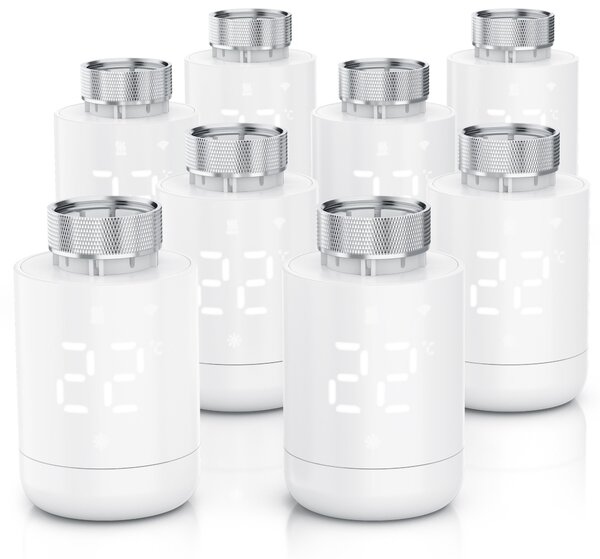 Set di 8 termostati per radiatori WLAN, con controllo tramite app, programmazione settimanale, display LED, manopola rotativa, rilevamento finestra aperta, protezione antigelo, termostati per riscaldamento, 8 pezzi, colore bianco