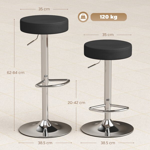 HOMCOM Set 2 Sgabelli da Bar Moderni e Regolabili, in Pelle PU, Spugna e Metallo, 38.5x38.5x62-84 cm, Nero | Aosom Italy