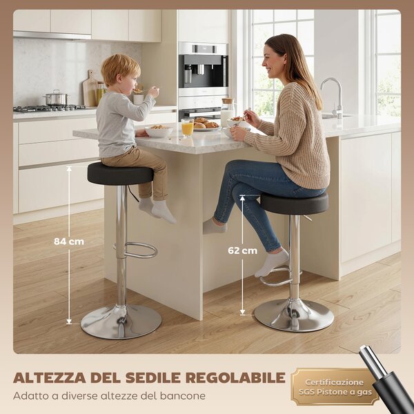 HOMCOM Set 2 Sgabelli da Bar Moderni e Regolabili, in Pelle PU, Spugna e Metallo, 38.5x38.5x62-84 cm, Nero | Aosom Italy