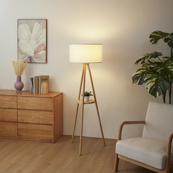Lampada da terra scandinava in legno con paralume in tessuto bianco - Lou