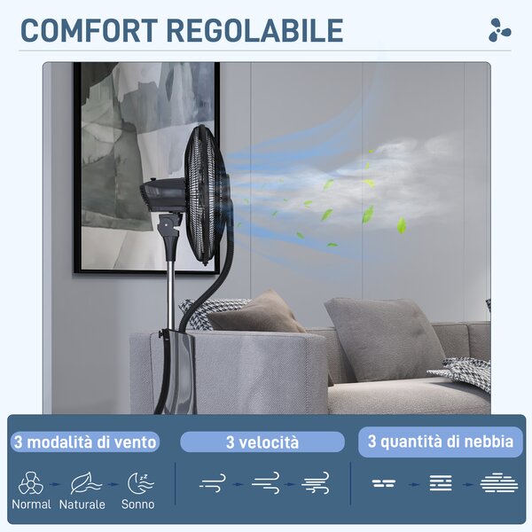 HOMCOM Ventilatore Nebulizzatore con Serbatoio 3L, 3 Modalità e 3 Velocità, 44.5x38.5x120 cm, Nero | Aosom Italy
