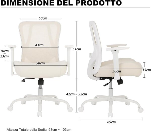 Sedia da ufficio - Sedia per ufficio - Sedia da scrivania - Sedia da lavoro - Sedia da ufficio con braccioli - Sedia ergonomica in rete
