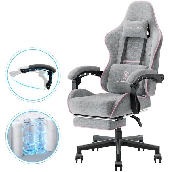 Sedia da gaming - Schienale alto ergonomico - Seduta con molle a tasca - Tessuto di cotone traspirante - Grigio rosa