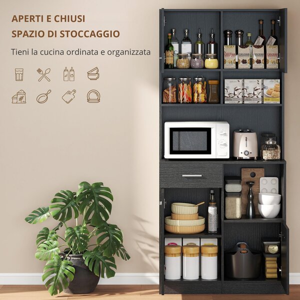 HOMCOM Mobile cucina, credenza con cassetto, ante con chiusura ammortizzata, 80 x 35 x 180 cm, Nero | Aosom Italy