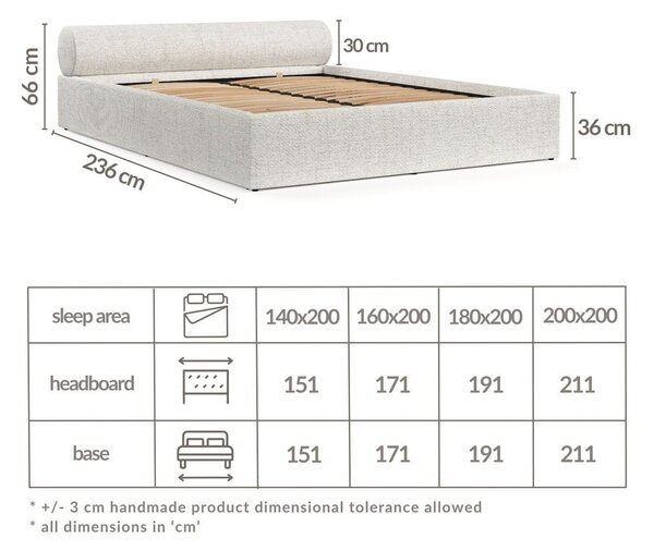 Letto matrimoniale imbottito color crema con contenitore e rete inclusi 180x200 cm Solvo – Maison de Rêve