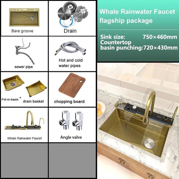 Lavello con rubinetto a cascata, display digitale e acciaio inossidabile