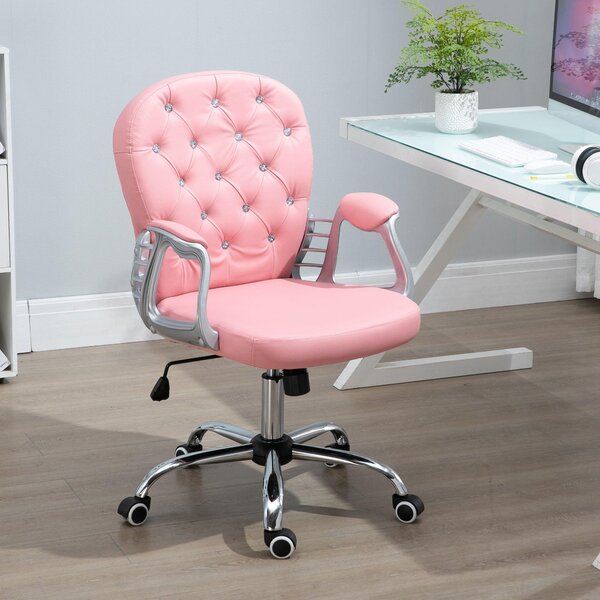 Sedia da ufficio – Sedia girevole ergonomica – Con rivestimento in poliuretano rosa, altezza regolabile e bottoni a forma di diamante