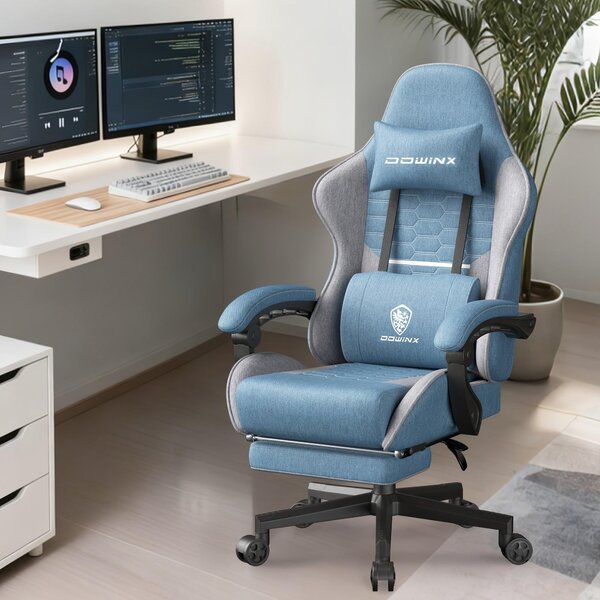 Sedia da gaming ergonomica, adatta anche come sedia da ufficio, con braccioli regolabili in 3D, poggiapiedi e struttura in metallo robusta. Disponibile nei colori grigio e blu