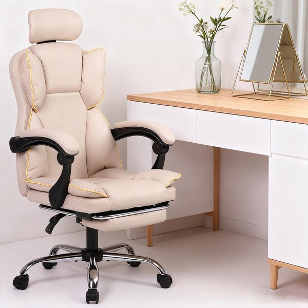 Sedia da gaming ergonomica con supporto lombare e poggiapiedi, colore beige dorato