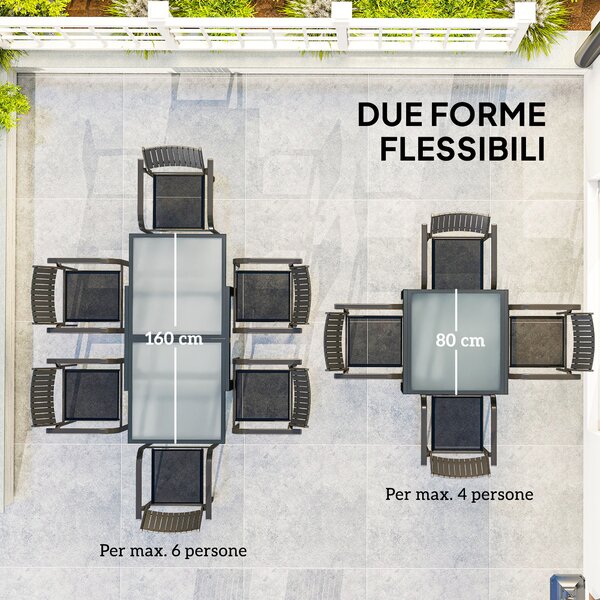 Outsunny Tavolo da Pranzo Allungabile da Giardino con Piano in Vetro e Alluminio, 80-160x80x75 cm, Nero e Trasparente | Aosom Italy
