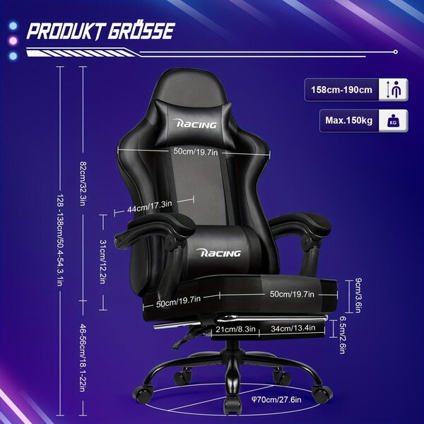 Sedia da gaming con poggiapiedi – Sedia ergonomica da ufficio e per PC, resistente fino a 200 kg