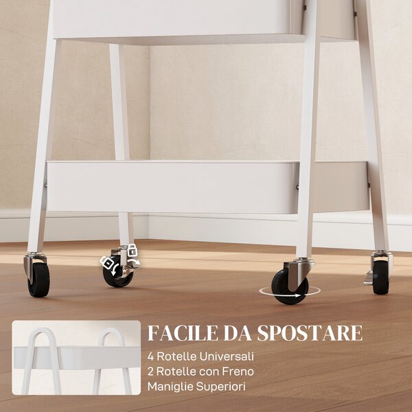 HOMCOM Carrello Cucina Multiuso a 3 Livelli, Ruote Girevoli con Freno e Maniglie, Bianco