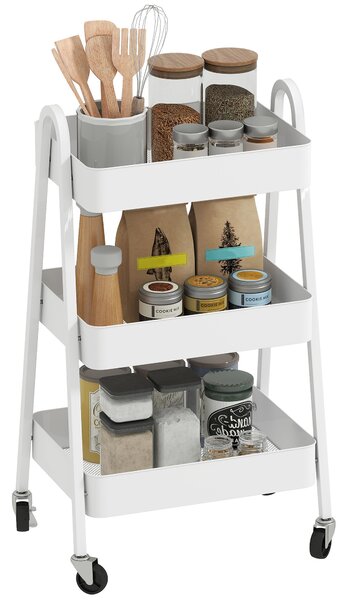 HOMCOM Carrello Cucina Multiuso a 3 Livelli, Ruote Girevoli con Freno e Maniglie, Bianco