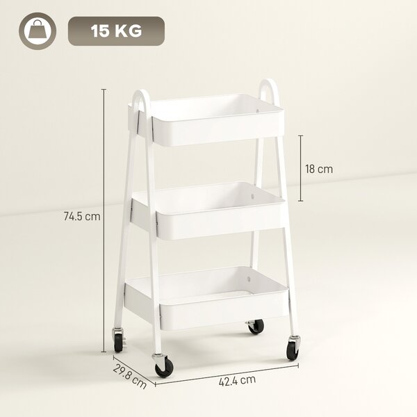 HOMCOM Carrello Cucina Multiuso a 3 Livelli, Ruote Girevoli con Freno e Maniglie, Bianco
