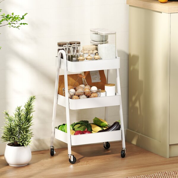 HOMCOM Carrello Cucina Multiuso a 3 Livelli, Ruote Girevoli con Freno e Maniglie, Bianco