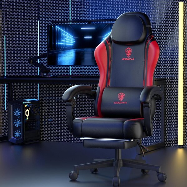 Sedia da gaming ergonomica in ecopelle, con supporto lombare, schienale più ampio e capacità di carico massima di 150 kg, colore rosso