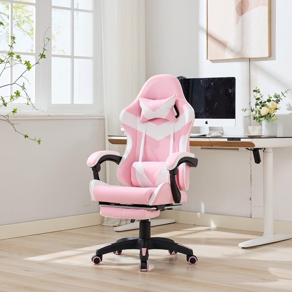 Sedia da gaming – Sedia per videogiochi – Sedia ergonomica – Sedia da scrivania – Design ergonomico – Altezza e poggiapiedi regolabili – Rosa e bianco
