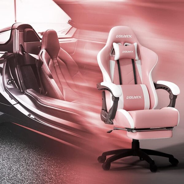 Sedia da gaming ergonomica con supporto lombare massaggiante, schienale regolabile, poggiapiedi, colore nero e rosa