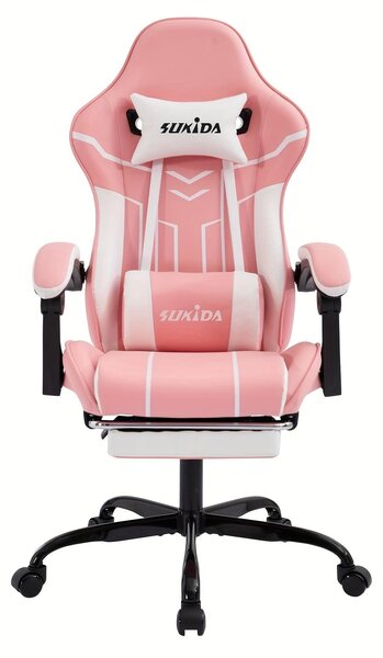 Sedia da gaming – Sedia ergonomica da scrivania con poggiapiedi e meccanismo di inclinazione a 135° – Rosa e bianca