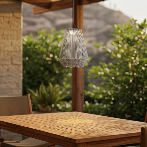 Lampada a sospensione solare LED Lindby Austas, grigia, Ø 32 cm, USB, IP54 Austas Lindby, dimmerabile, Alluminio / Grigio / Zincato, Plastica, Moderno, Lampade solari