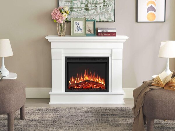 Stufa elettrica a pavimento, dal design moderno, in legno bianco opaco, con fiamme 3D realistiche