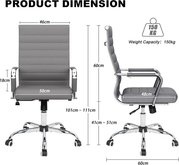 Sedia da ufficio - Sedia da ufficio ergonomica - Sedia girevole - Altezza regolabile - Rivestimento in ecopelle grigio resistente all'usura