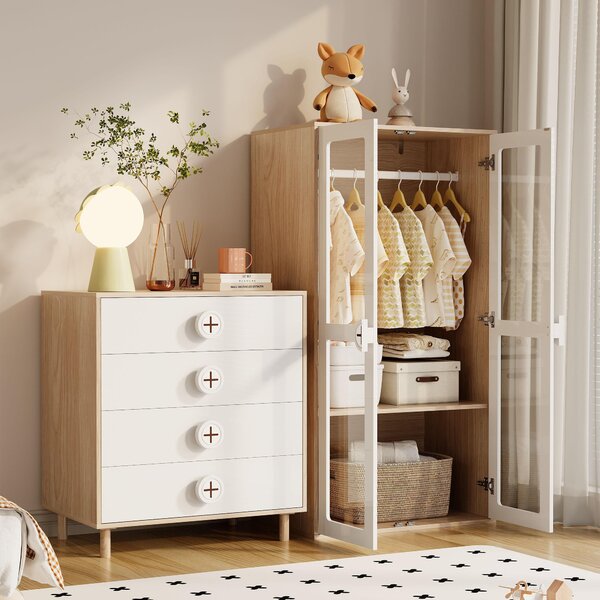 MODFU Set di mobili per camera da letto 2 pezzi con armadio e comodino, con 4 cassetti in pannelli laccati + truciolato, bianco